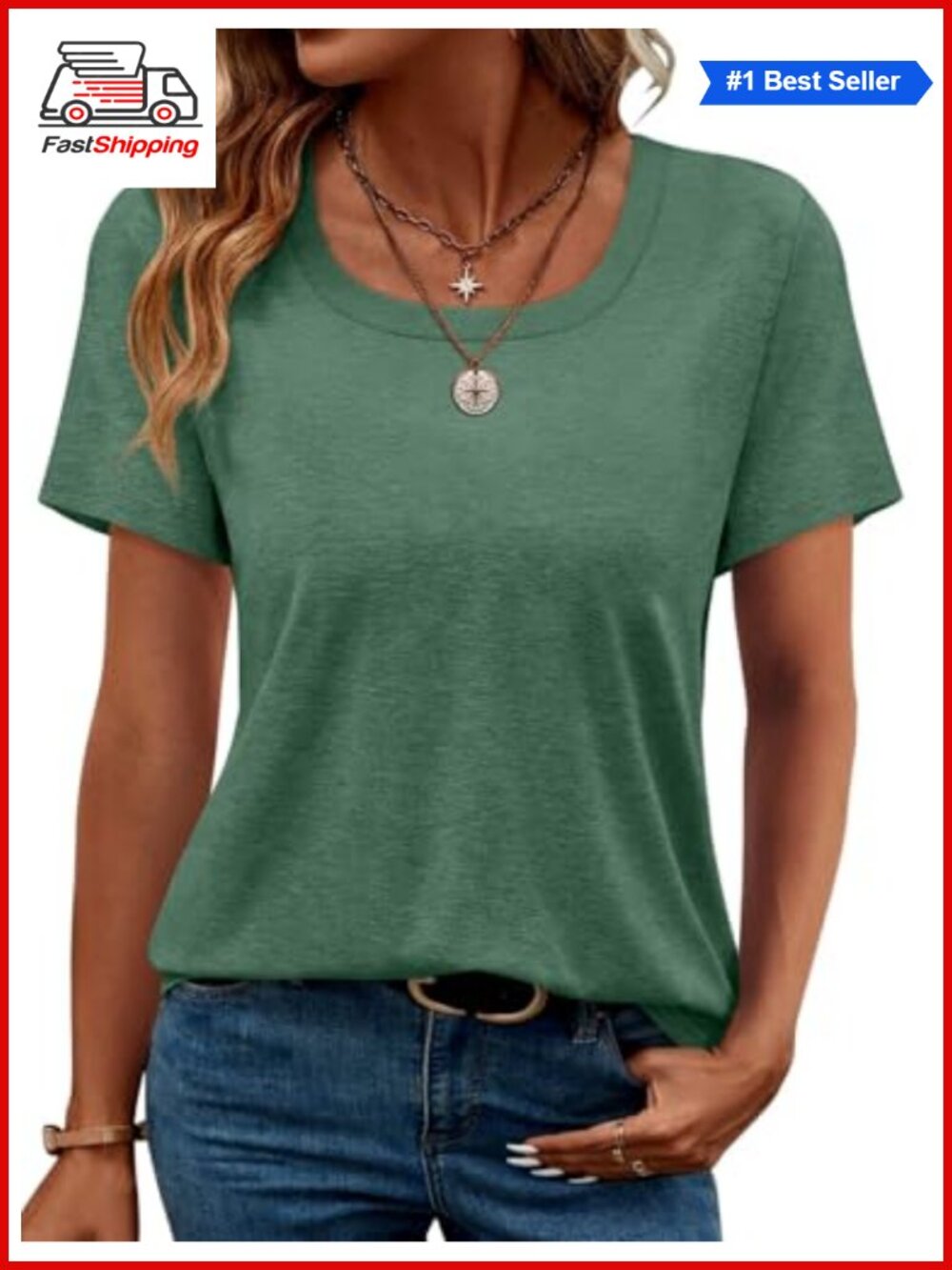 Womens Square Neck Short Sleeve T-Shirt Loose Fit Casual Top